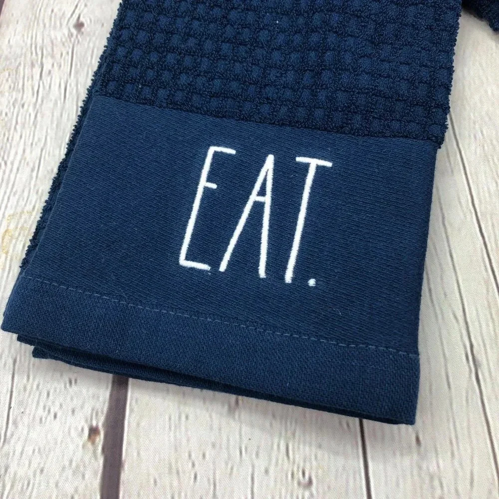 Rae Dunn EAT DRINK navy blue kitchen towel set farm house country classic